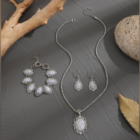 White Marbled Stone Necklace, Bracelet, and Earrings Set - Picture 3 of 6